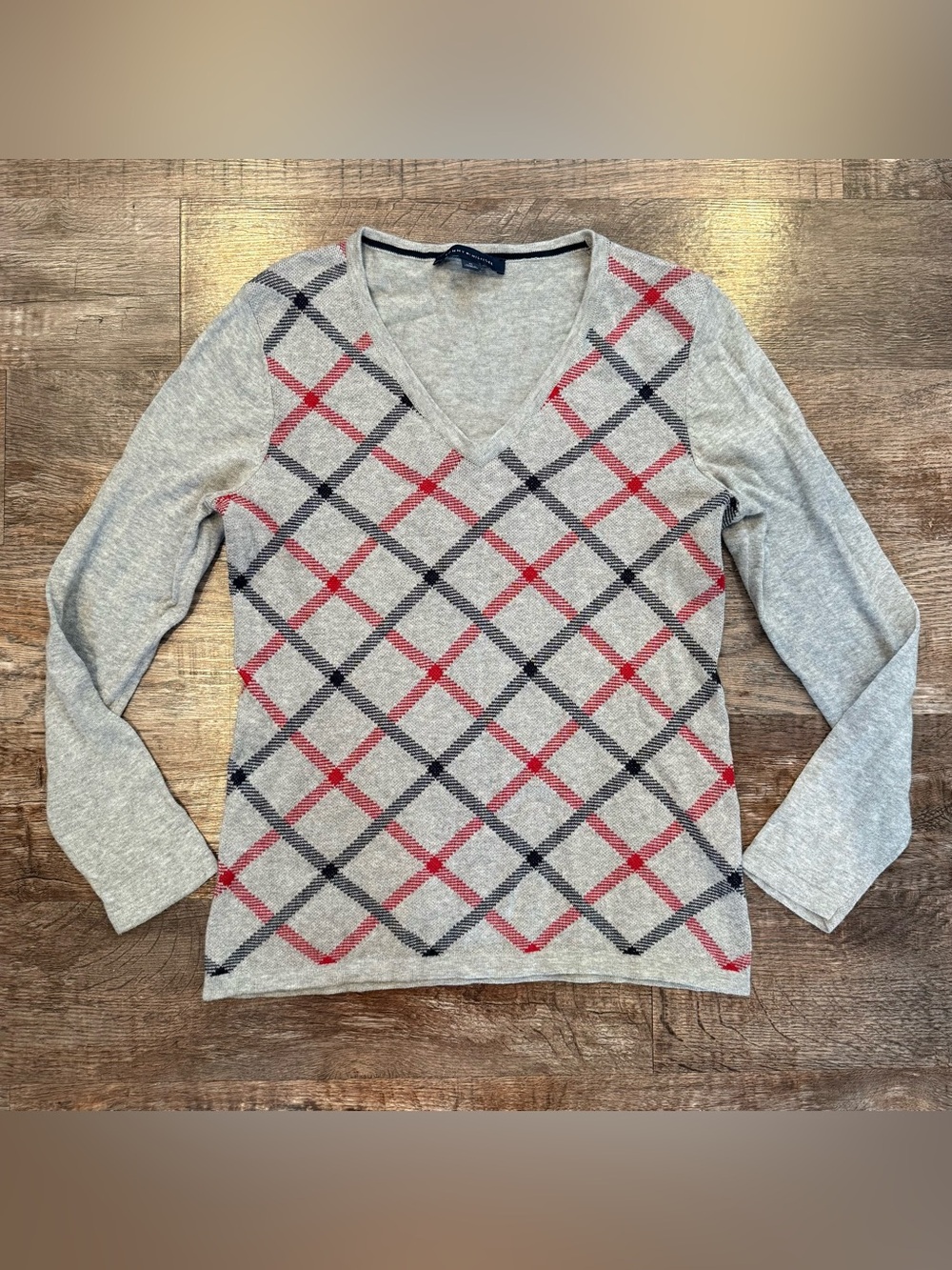 Tommy Hilfiger Argyle Women’s V Neck Sweater 100% Cotton Medium Preppy